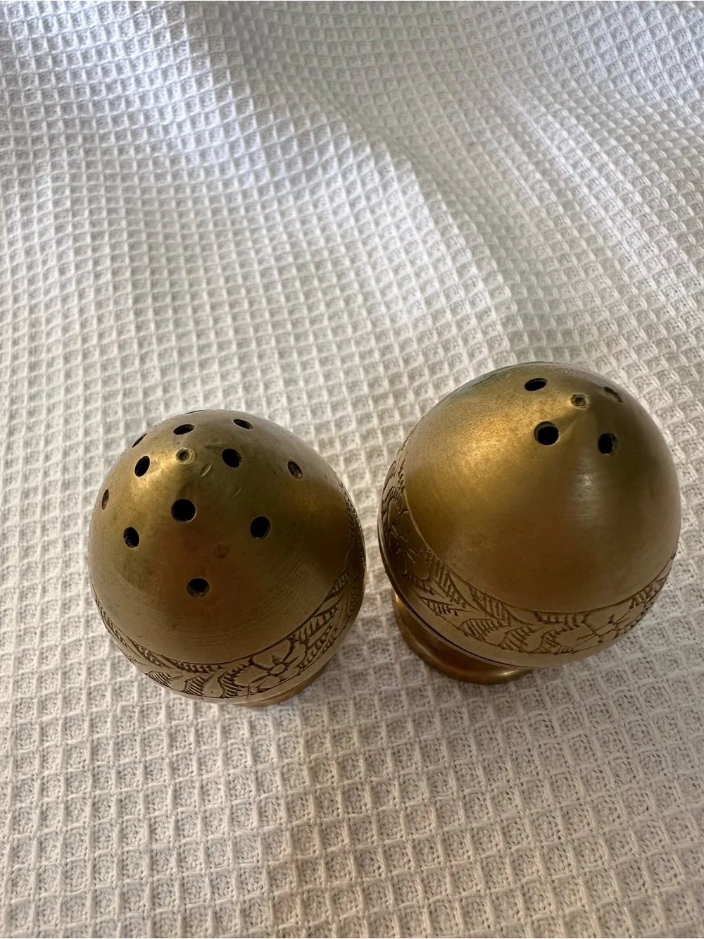 Vintage Hand-Etched Brass Egg Shaker Set - Peshawar Pakistan - Ganibeg Signed